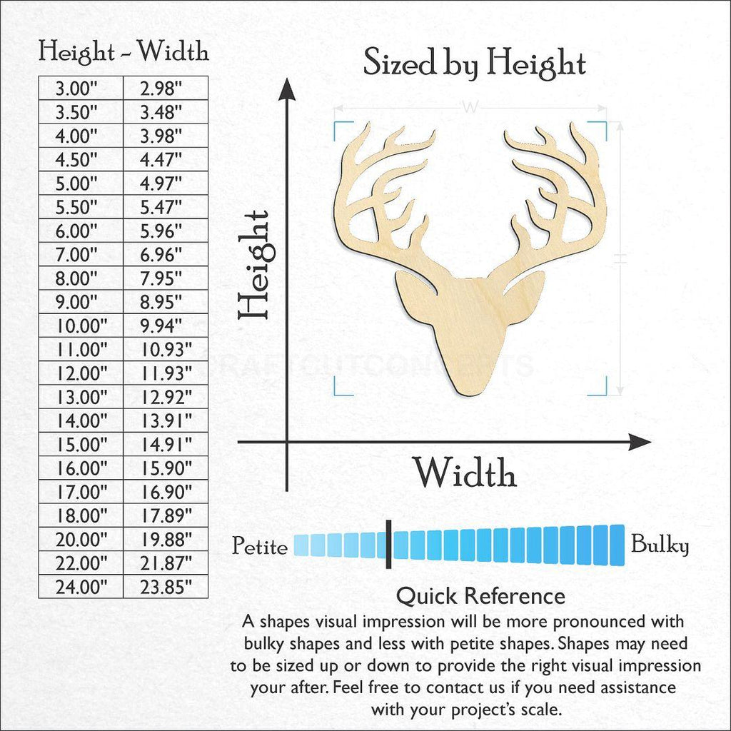 Sizes available for a laser cut Deer Head craft blank