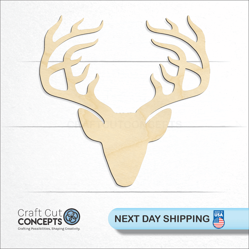 Craft Cut Concepts logo and next day shipping banner with an unfinished wood Deer Head craft shape and blank