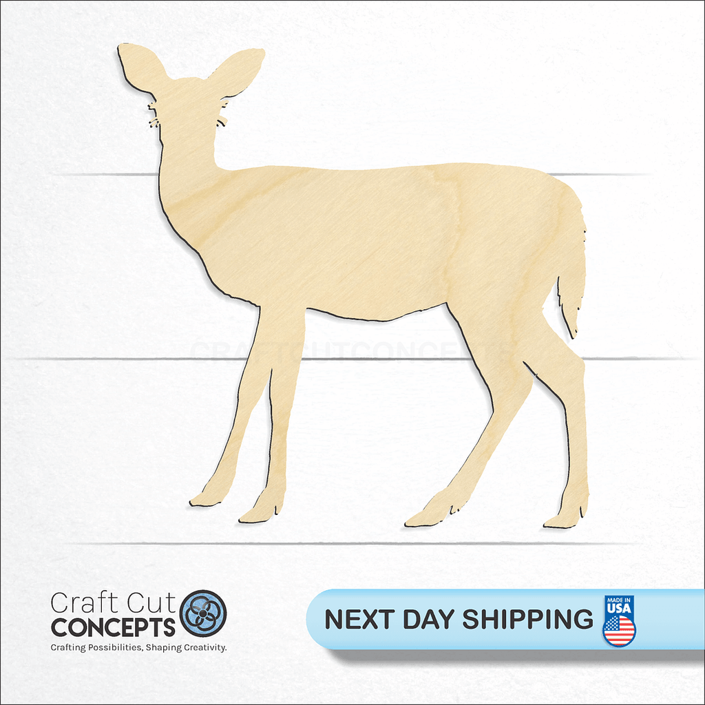 Craft Cut Concepts logo and next day shipping banner with an unfinished wood Doe Deer craft shape and blank