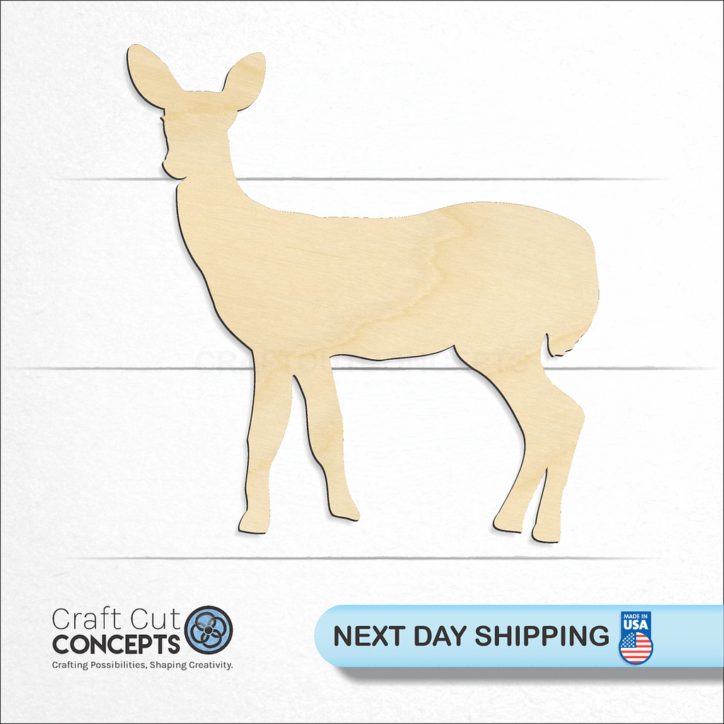 Craft Cut Concepts logo and next day shipping banner with an unfinished wood Doe Deer-2 craft shape and blank