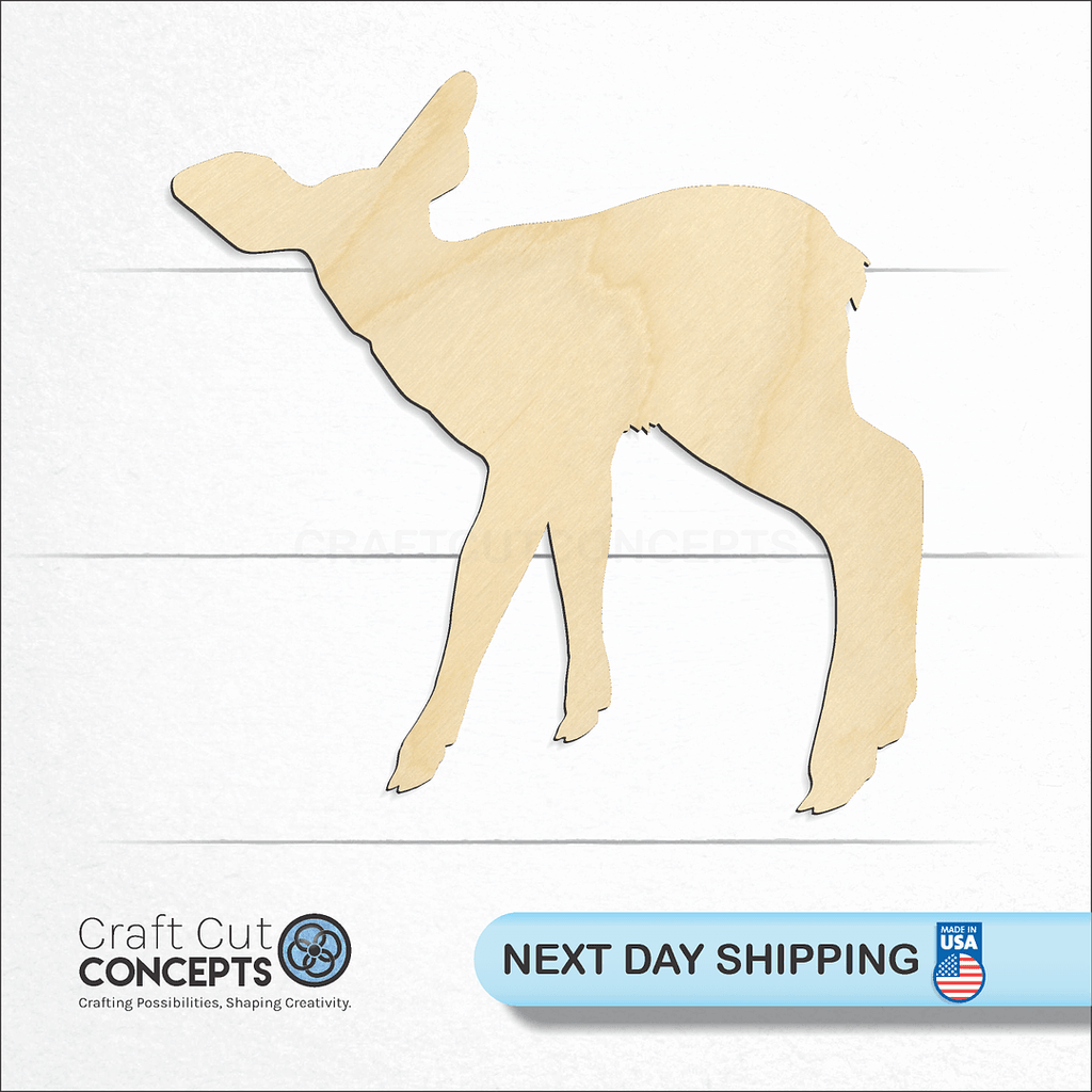 Craft Cut Concepts logo and next day shipping banner with an unfinished wood Deer Fawn craft shape and blank