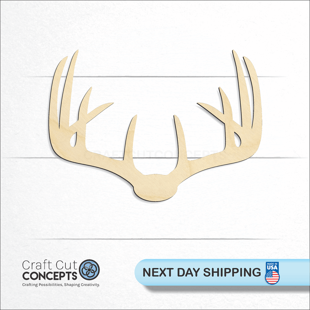 Craft Cut Concepts logo and next day shipping banner with an unfinished wood Deer Antlers craft shape and blank