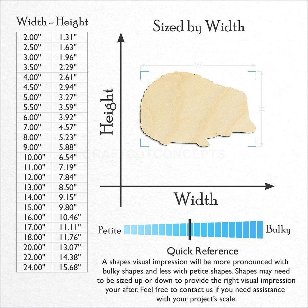 Sizes available for a laser cut Hedgehog craft blank