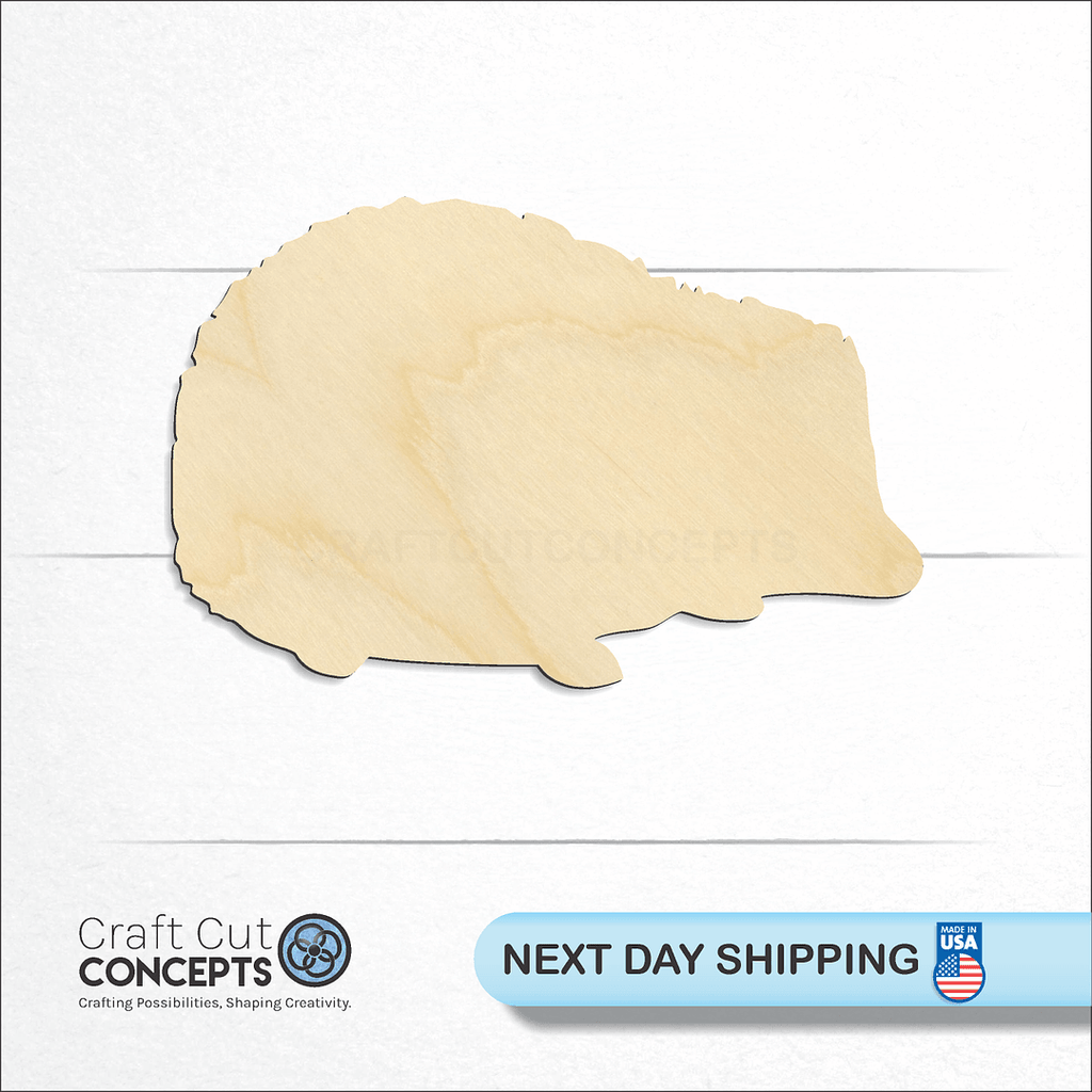 Craft Cut Concepts logo and next day shipping banner with an unfinished wood Hedgehog craft shape and blank