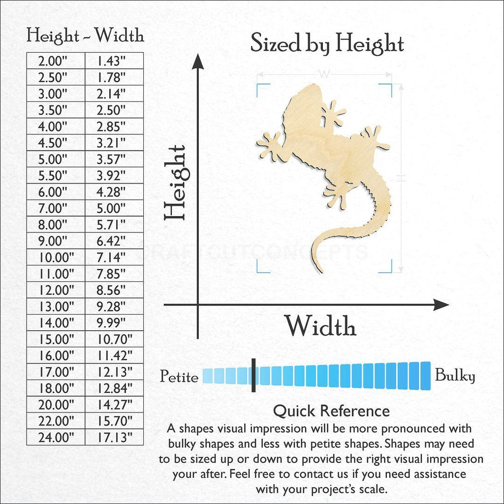 Sizes available for a laser cut Lizard -2 craft blank