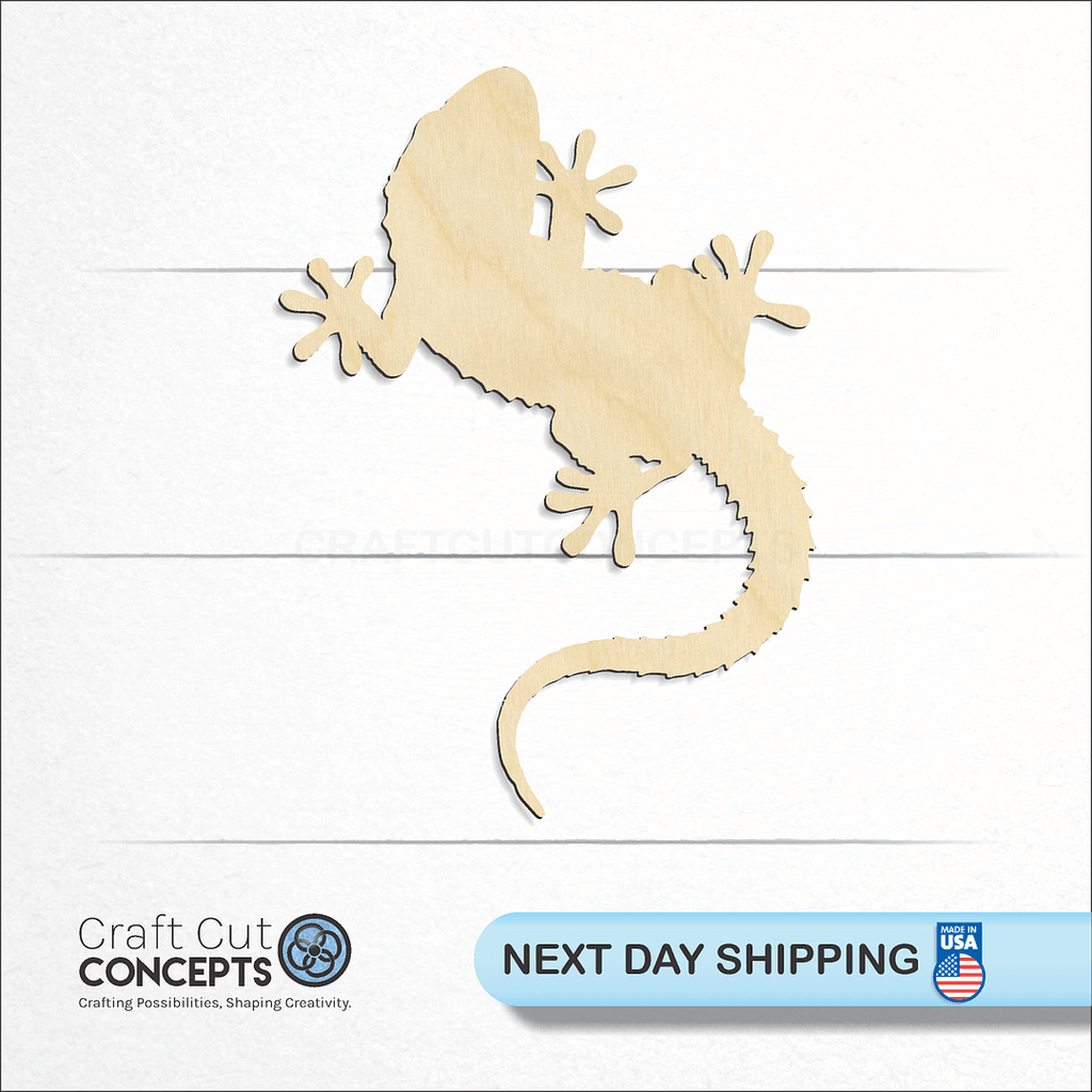 Craft Cut Concepts logo and next day shipping banner with an unfinished wood Lizard -2 craft shape and blank