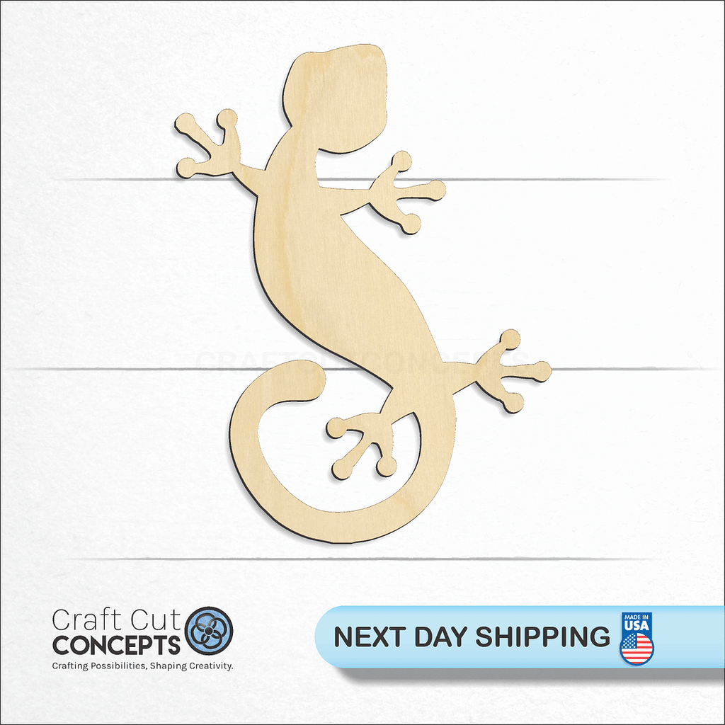 Craft Cut Concepts logo and next day shipping banner with an unfinished wood Lizard -3 craft shape and blank