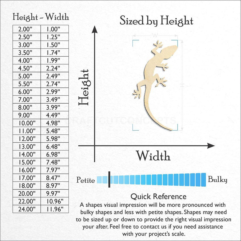 Sizes available for a laser cut Lizard craft blank