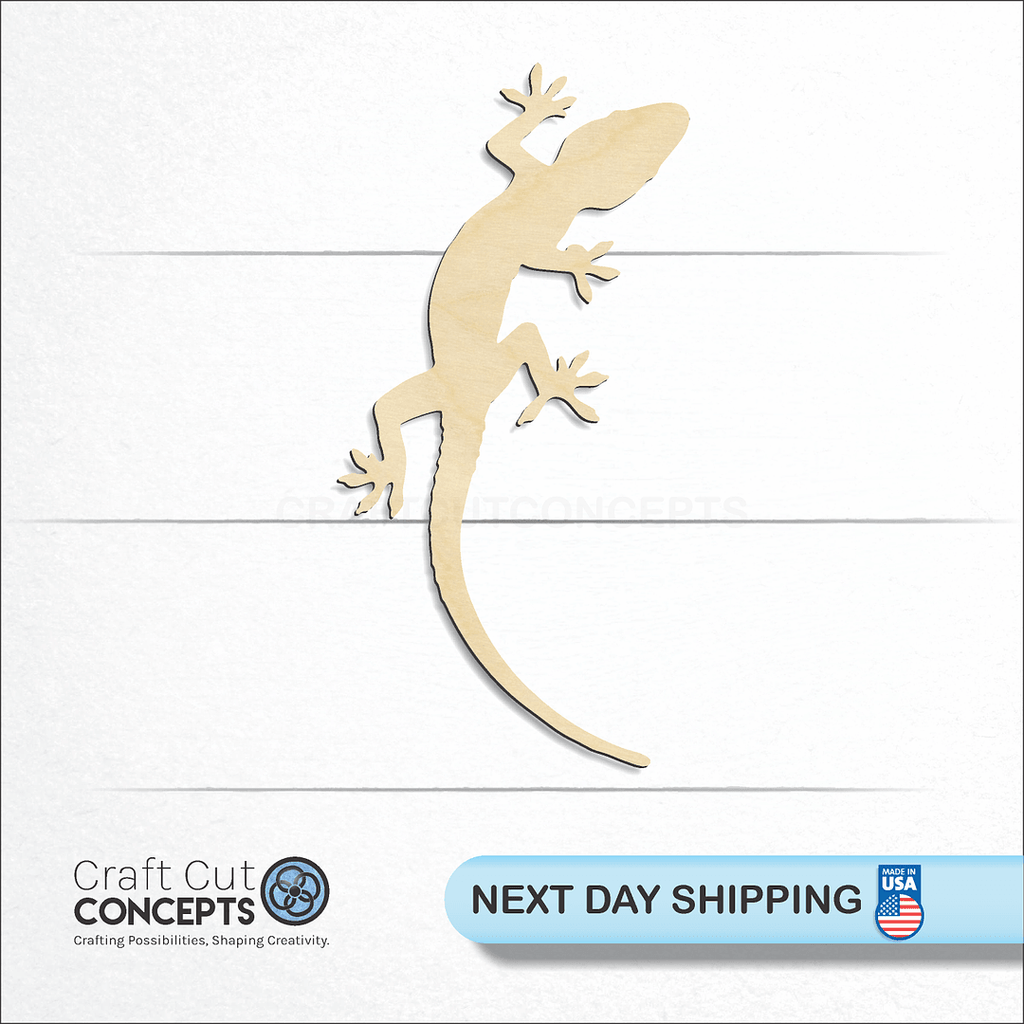 Craft Cut Concepts logo and next day shipping banner with an unfinished wood Lizard craft shape and blank