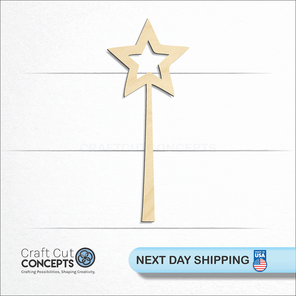 Craft Cut Concepts logo and next day shipping banner with an unfinished wood Fairy Wand craft shape and blank