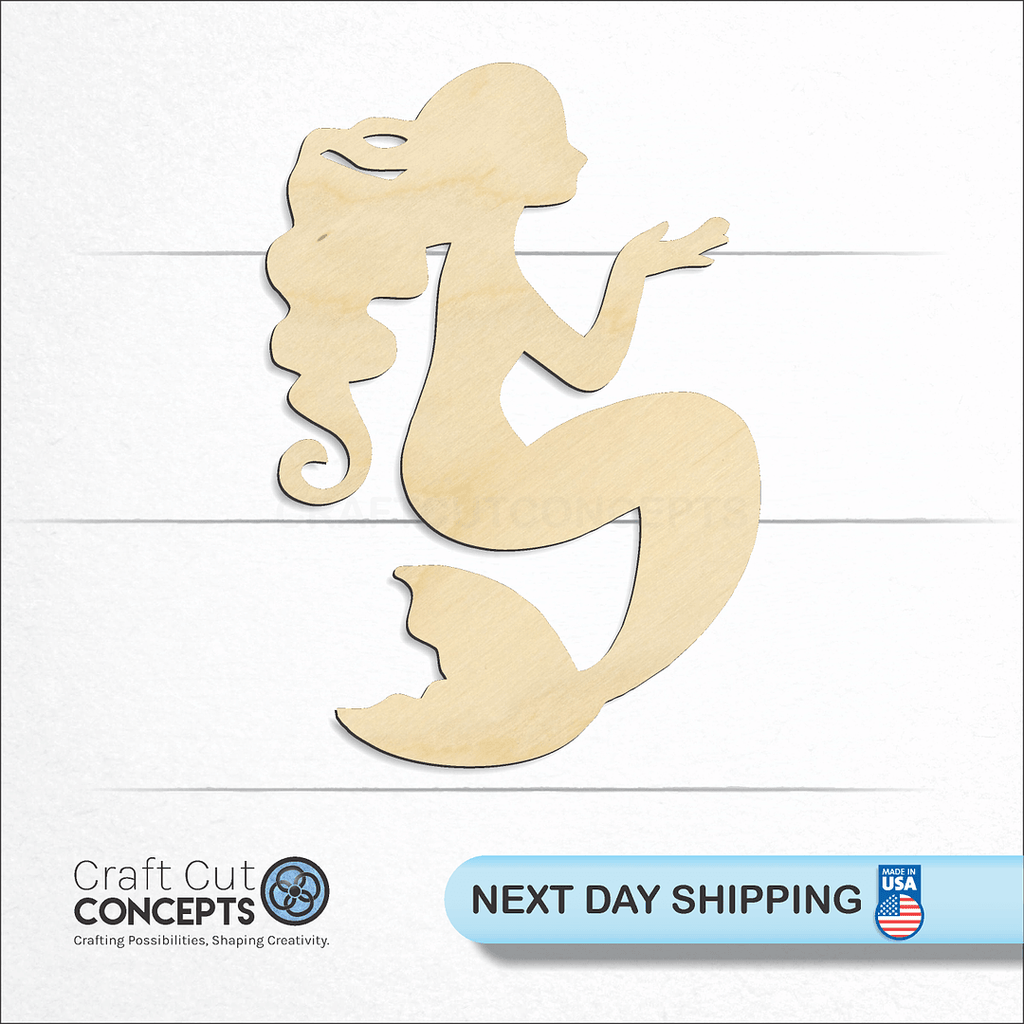 Craft Cut Concepts logo and next day shipping banner with an unfinished wood Mermaid-3 craft shape and blank