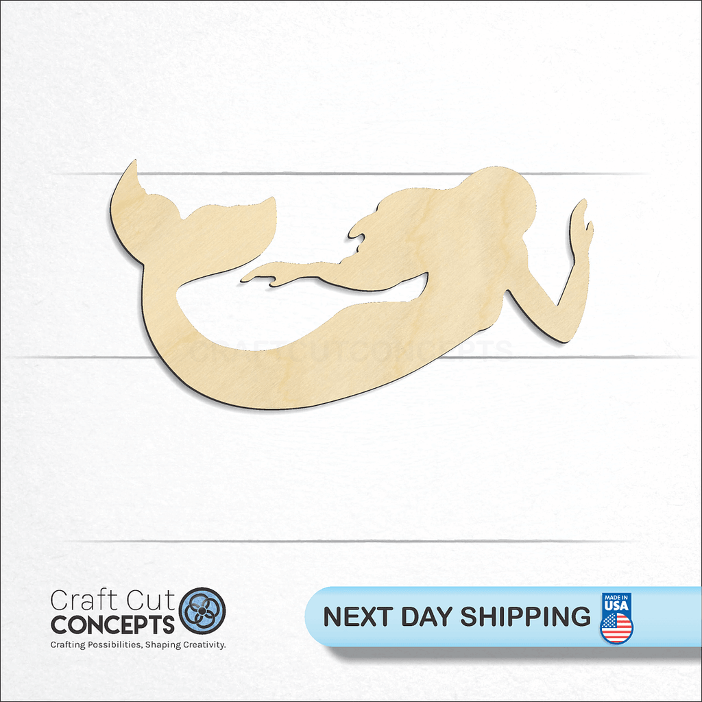 Craft Cut Concepts logo and next day shipping banner with an unfinished wood Mermaid-4 craft shape and blank