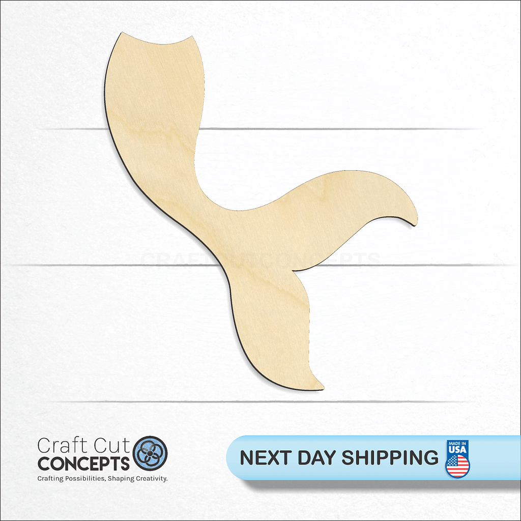 Craft Cut Concepts logo and next day shipping banner with an unfinished wood Mermaid Tail craft shape and blank