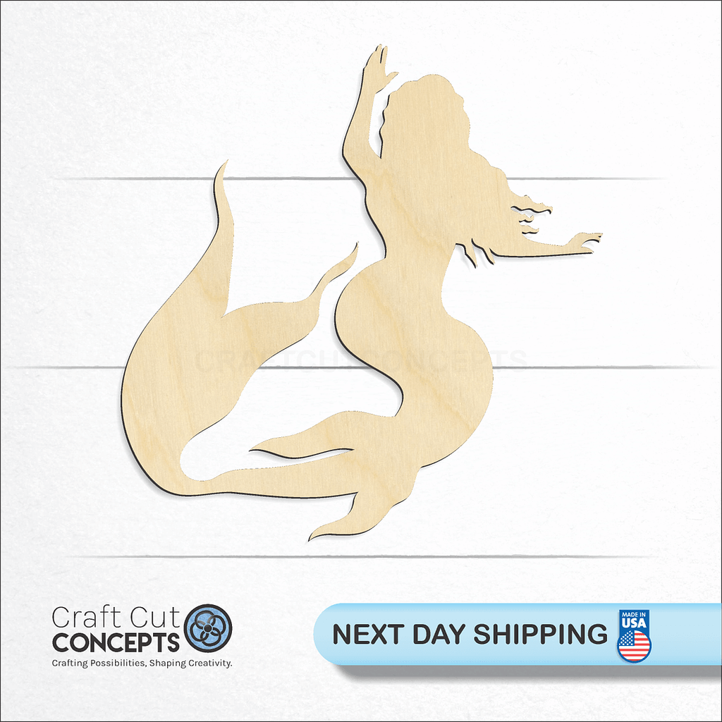 Craft Cut Concepts logo and next day shipping banner with an unfinished wood Mermaid Tail craft shape and blank