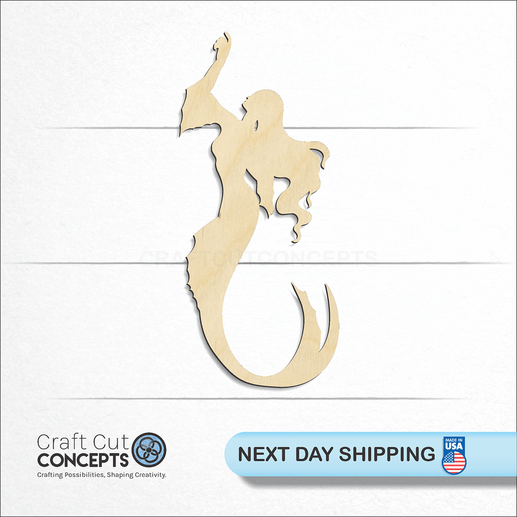 Craft Cut Concepts logo and next day shipping banner with an unfinished wood Mermaid craft shape and blank