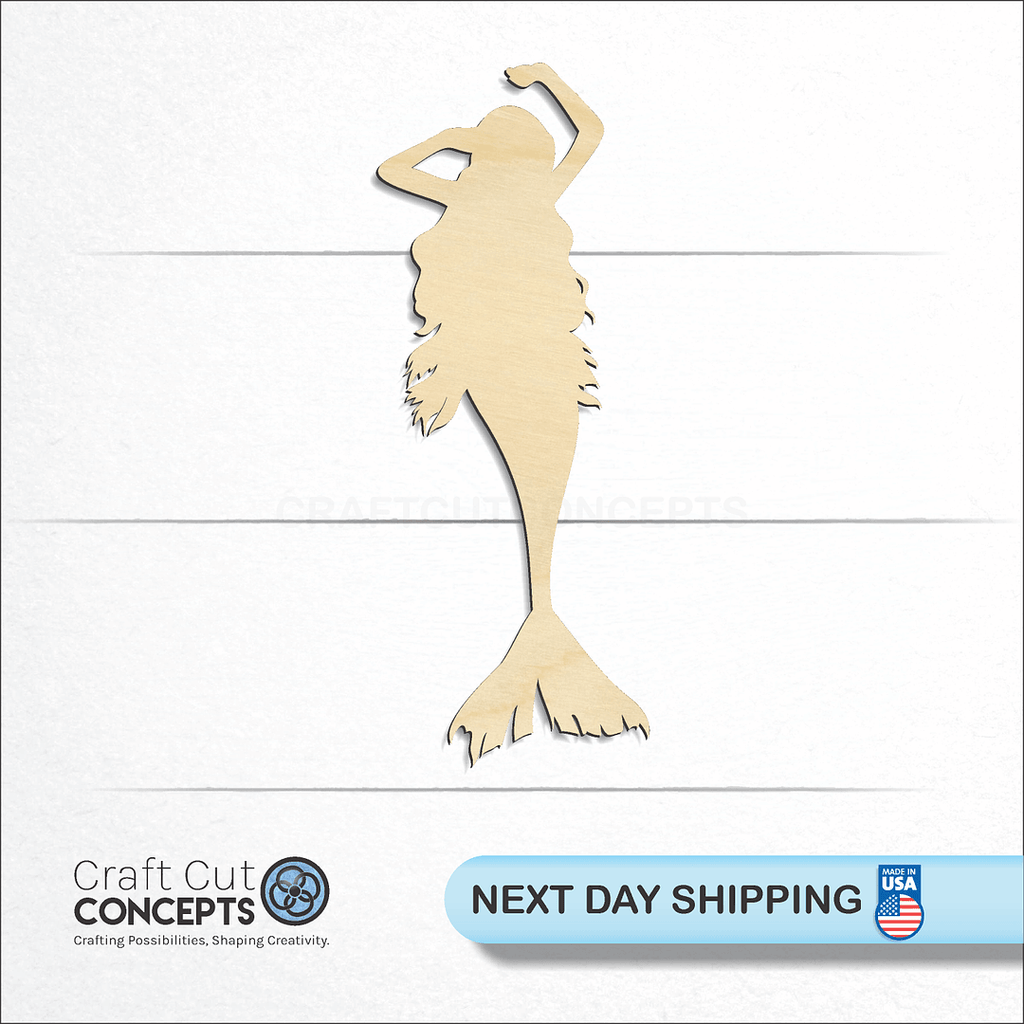 Craft Cut Concepts logo and next day shipping banner with an unfinished wood Mermaid craft shape and blank