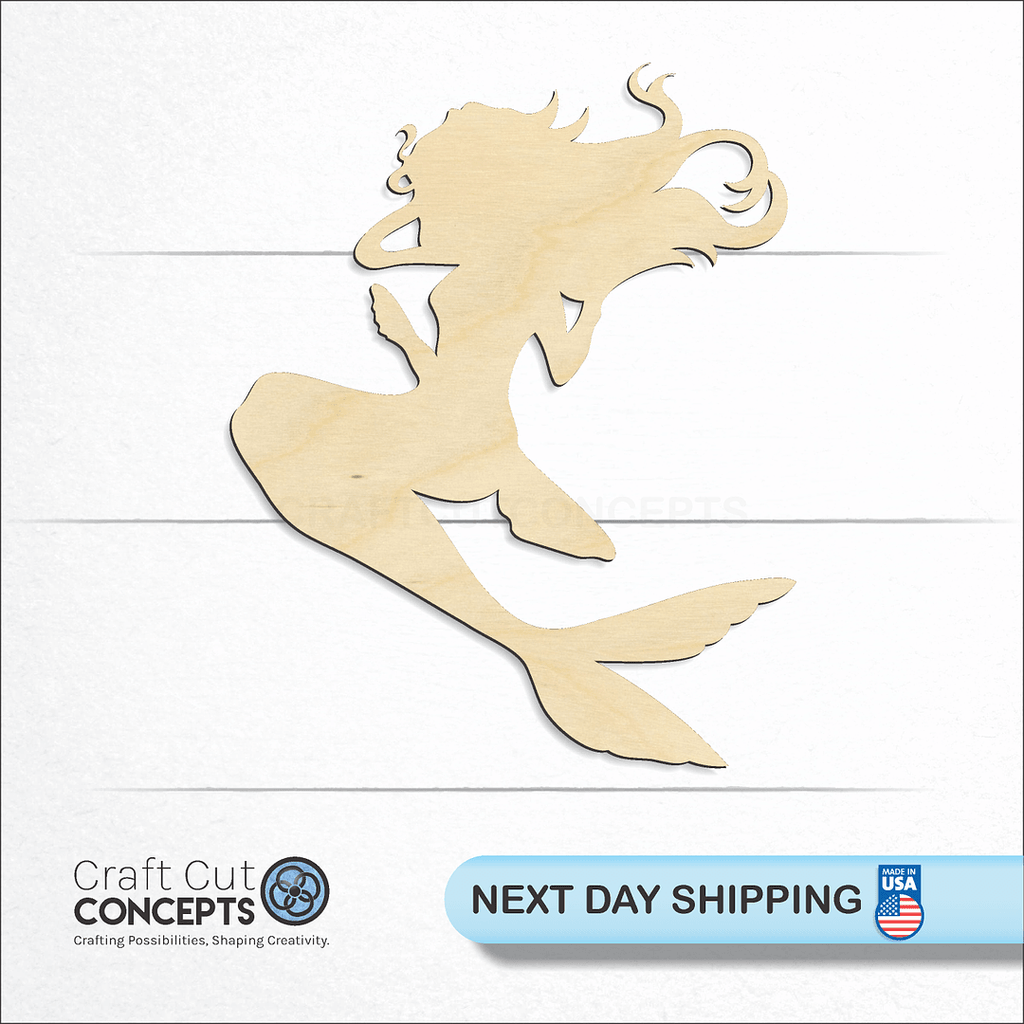 Craft Cut Concepts logo and next day shipping banner with an unfinished wood Mermaid craft shape and blank