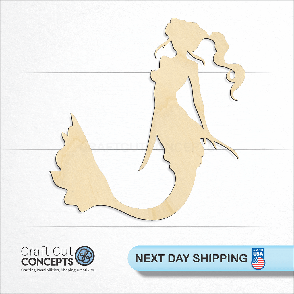 Craft Cut Concepts logo and next day shipping banner with an unfinished wood Mermaid craft shape and blank