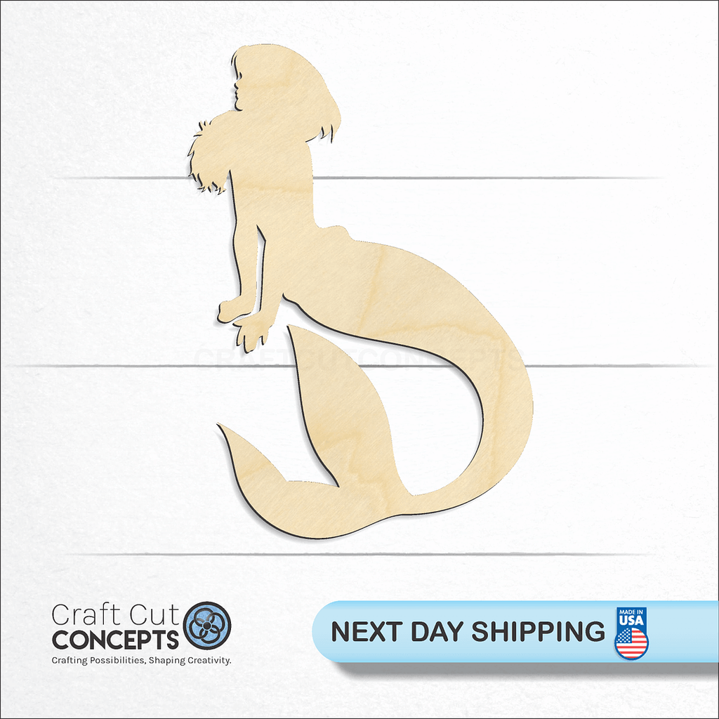 Craft Cut Concepts logo and next day shipping banner with an unfinished wood Mermaid craft shape and blank