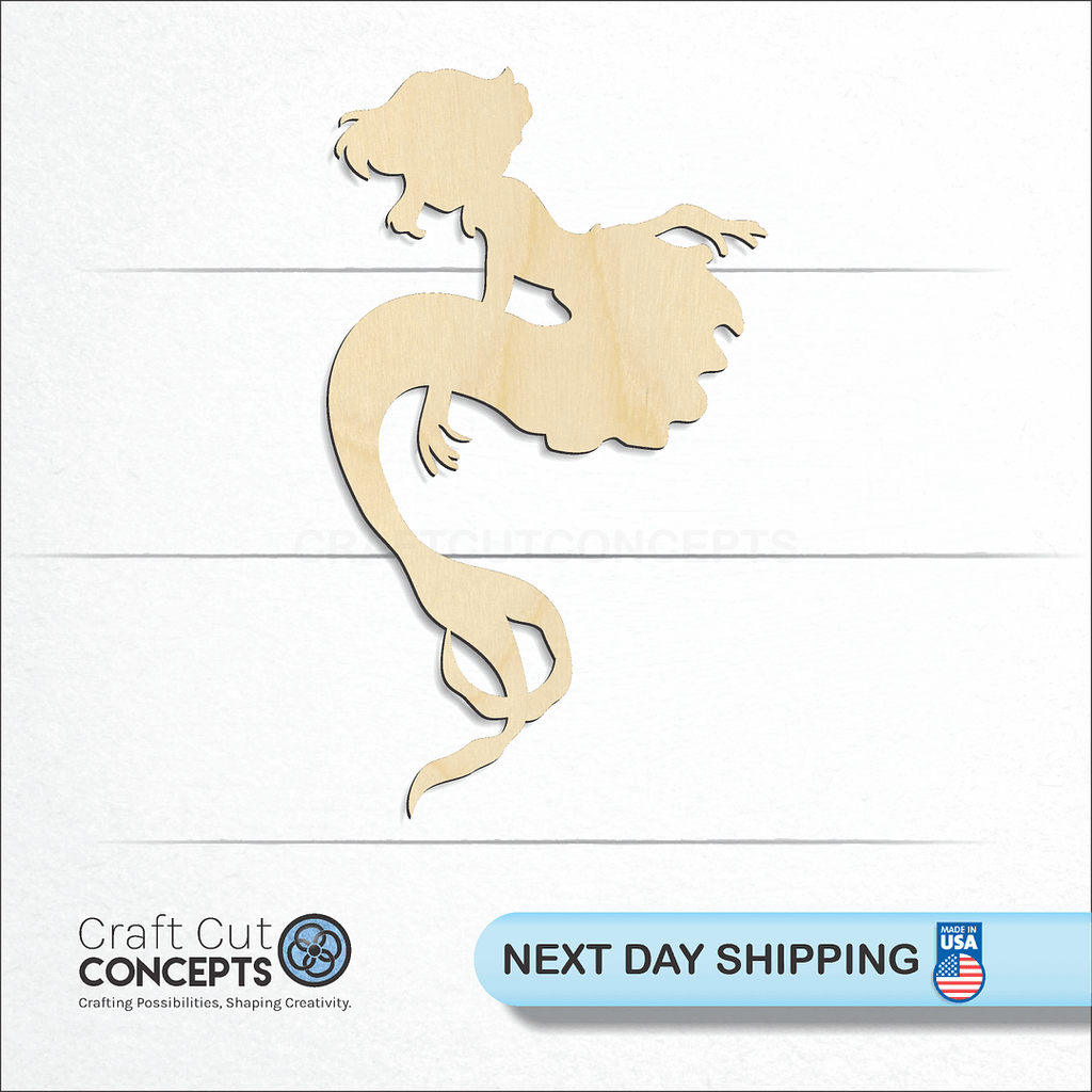 Craft Cut Concepts logo and next day shipping banner with an unfinished wood Mermaid craft shape and blank