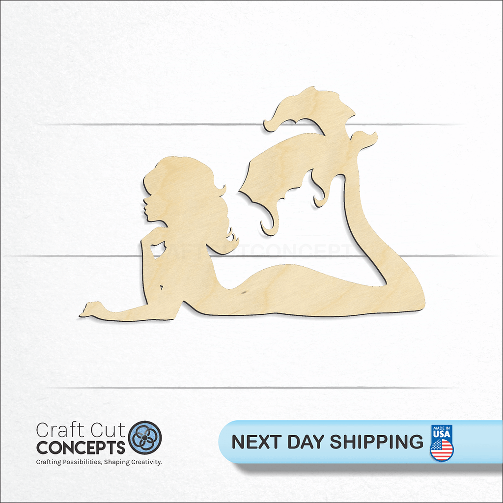 Craft Cut Concepts logo and next day shipping banner with an unfinished wood Mermaid craft shape and blank