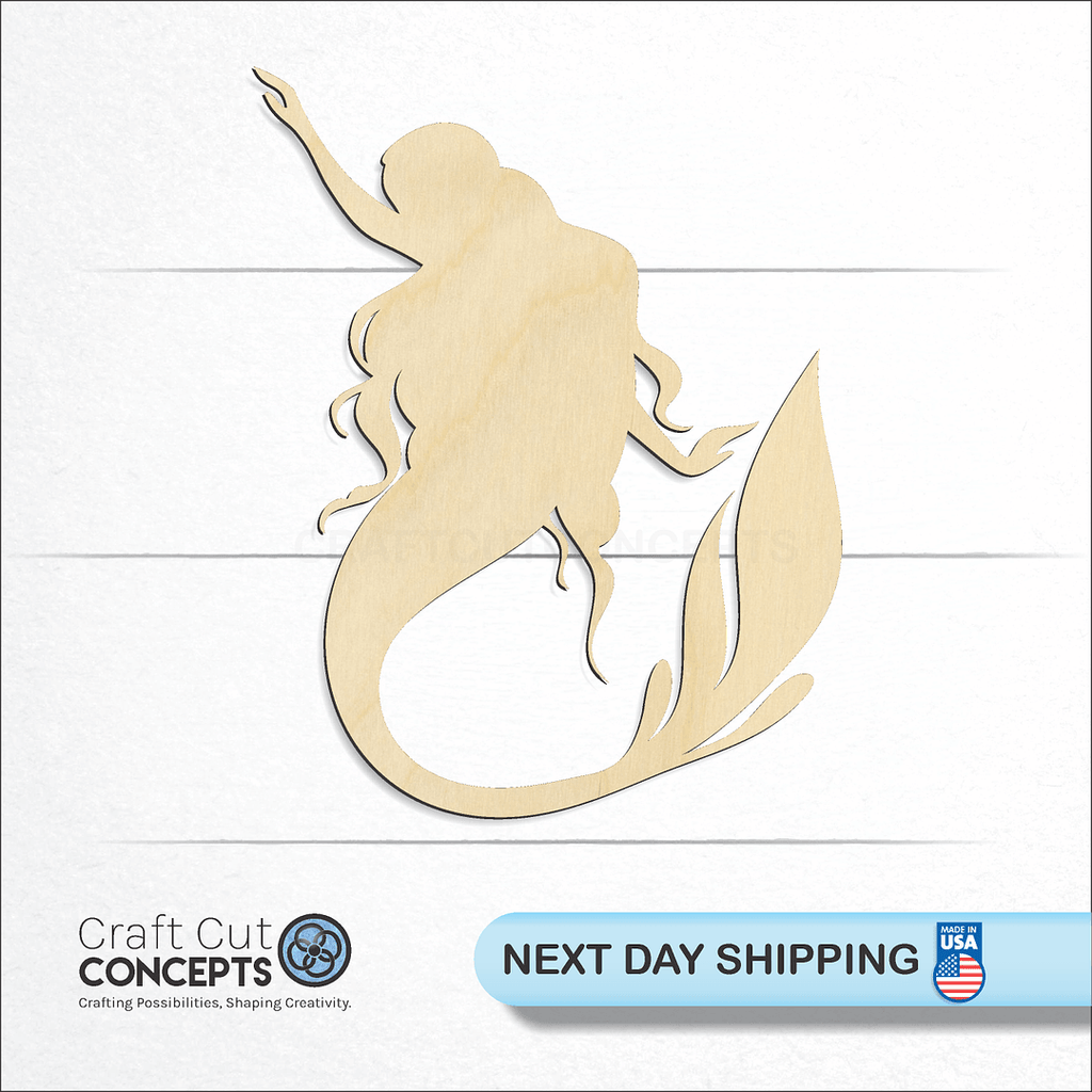 Craft Cut Concepts logo and next day shipping banner with an unfinished wood Mermaid craft shape and blank