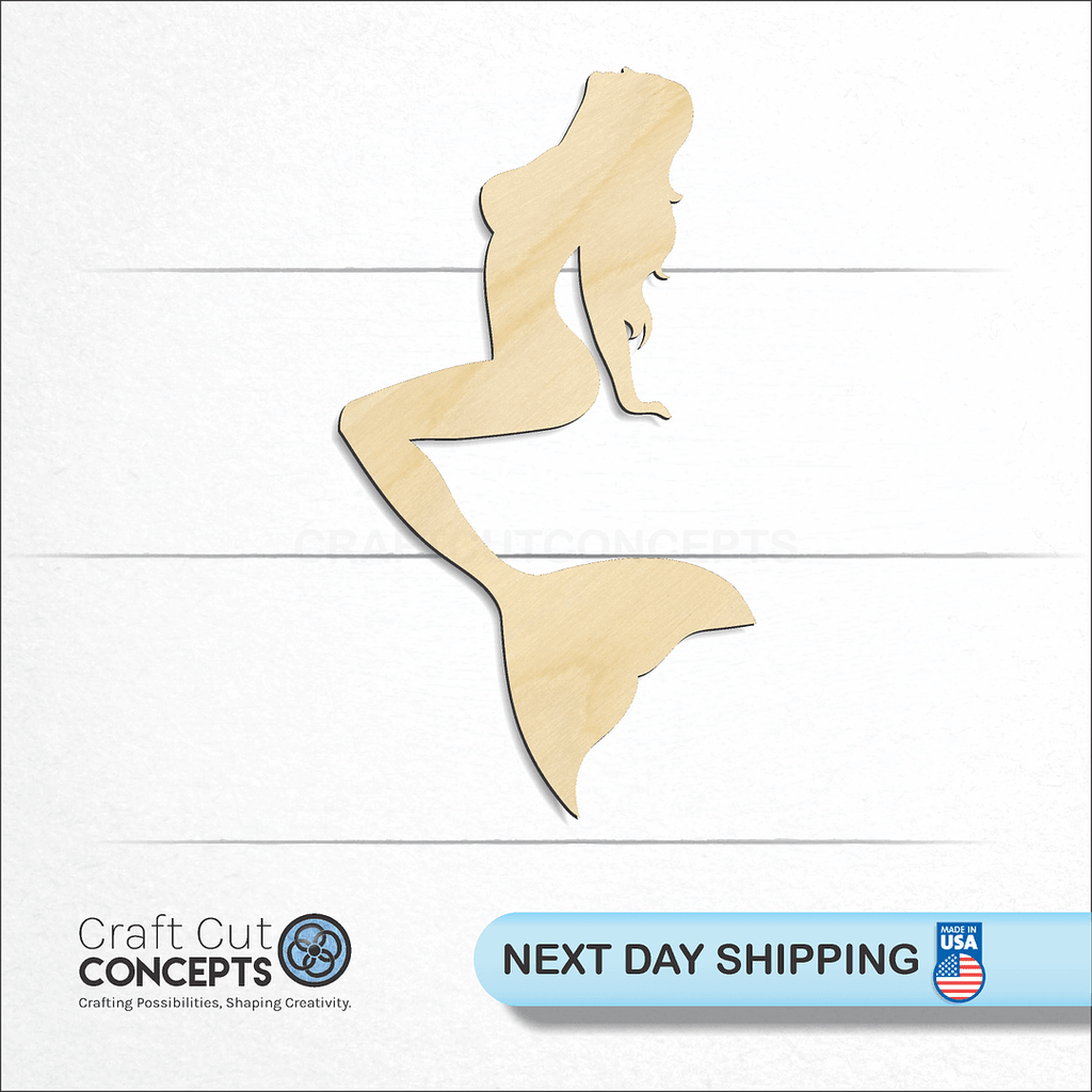 Craft Cut Concepts logo and next day shipping banner with an unfinished wood Mermaid craft shape and blank