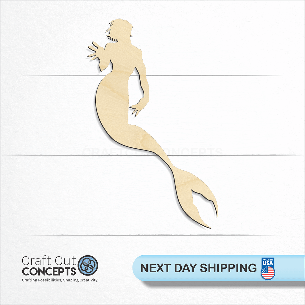 Craft Cut Concepts logo and next day shipping banner with an unfinished wood Merman craft shape and blank