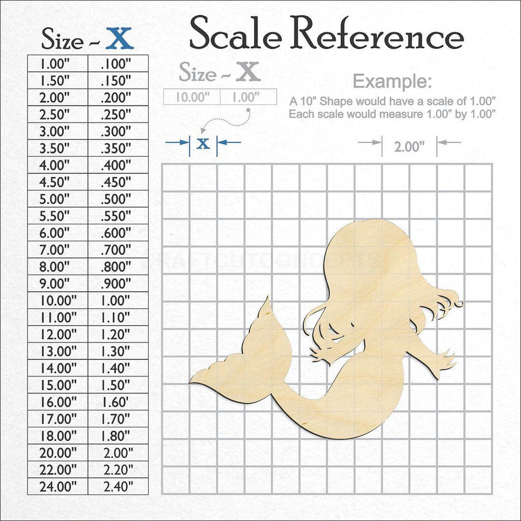 A scale and graph image showing a wood Mermaid Kid craft blank