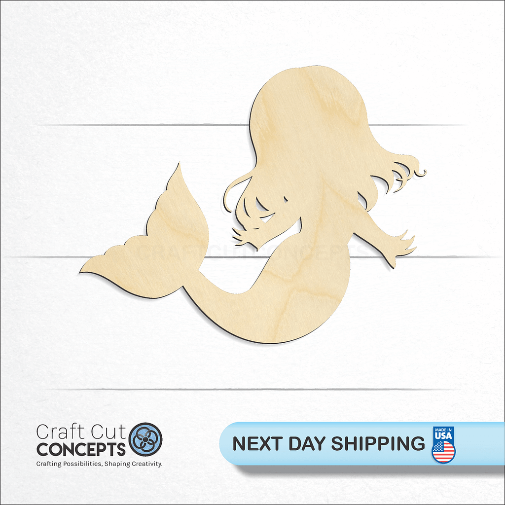 Craft Cut Concepts logo and next day shipping banner with an unfinished wood Mermaid Kid craft shape and blank