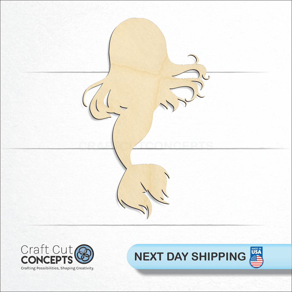 Craft Cut Concepts logo and next day shipping banner with an unfinished wood Mermaid Kid craft shape and blank