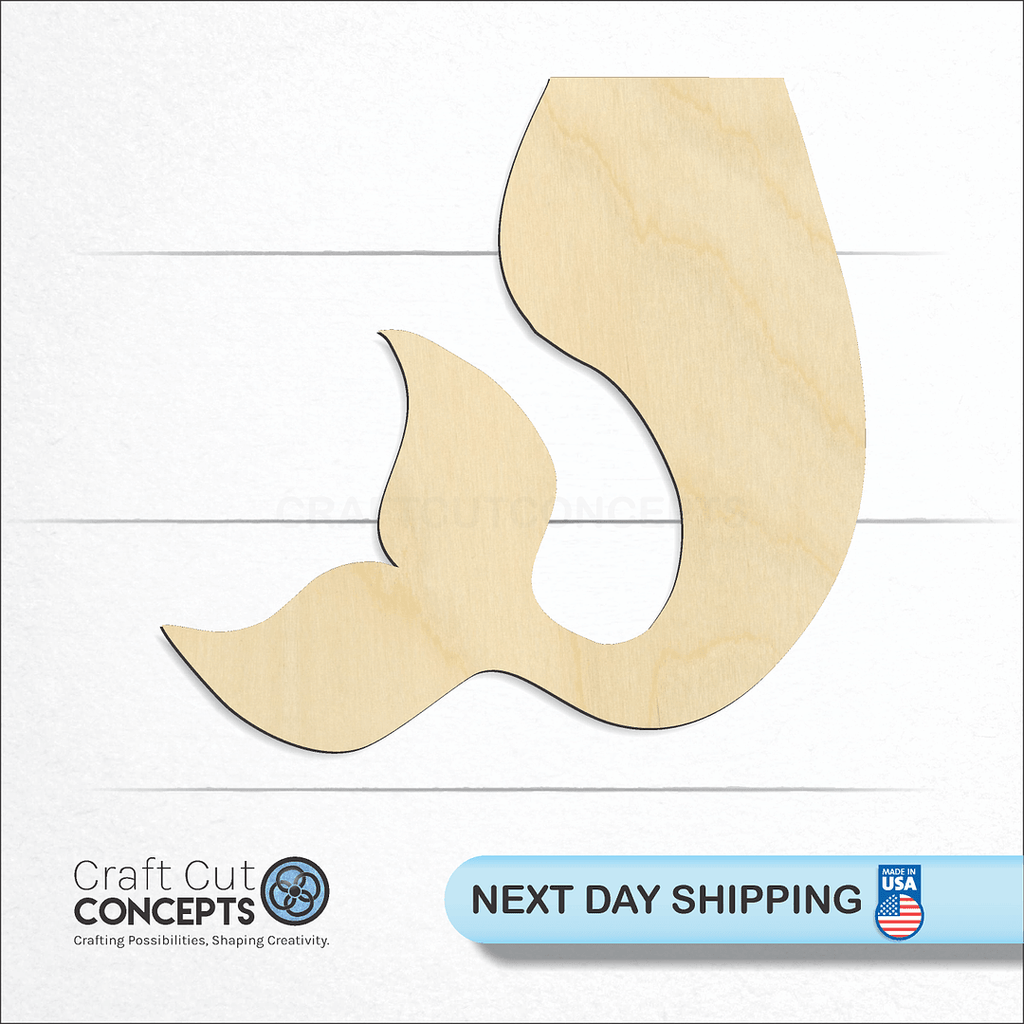 Craft Cut Concepts logo and next day shipping banner with an unfinished wood Mermaid Tail craft shape and blank