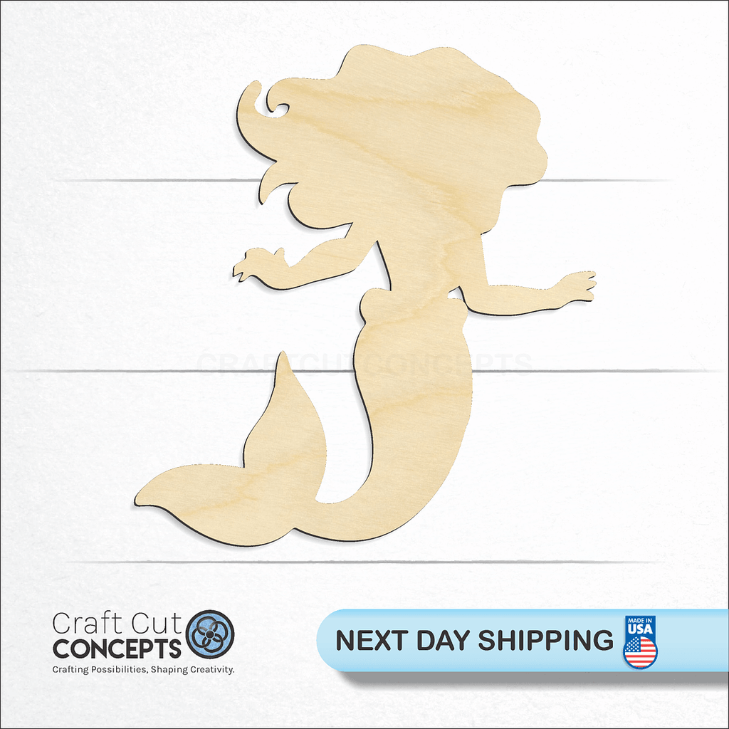 Craft Cut Concepts logo and next day shipping banner with an unfinished wood Mermaid Cute craft shape and blank