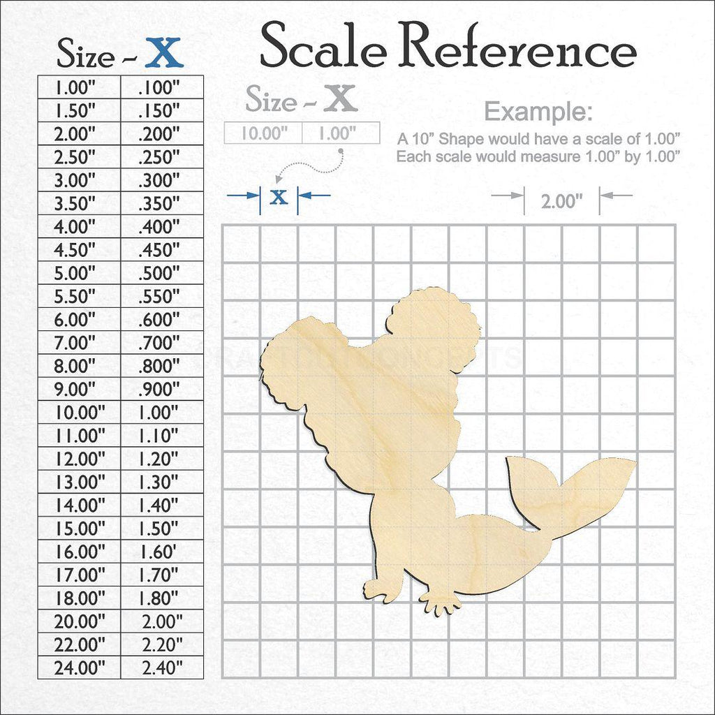 A scale and graph image showing a wood Mermaid Cute Baby craft blank