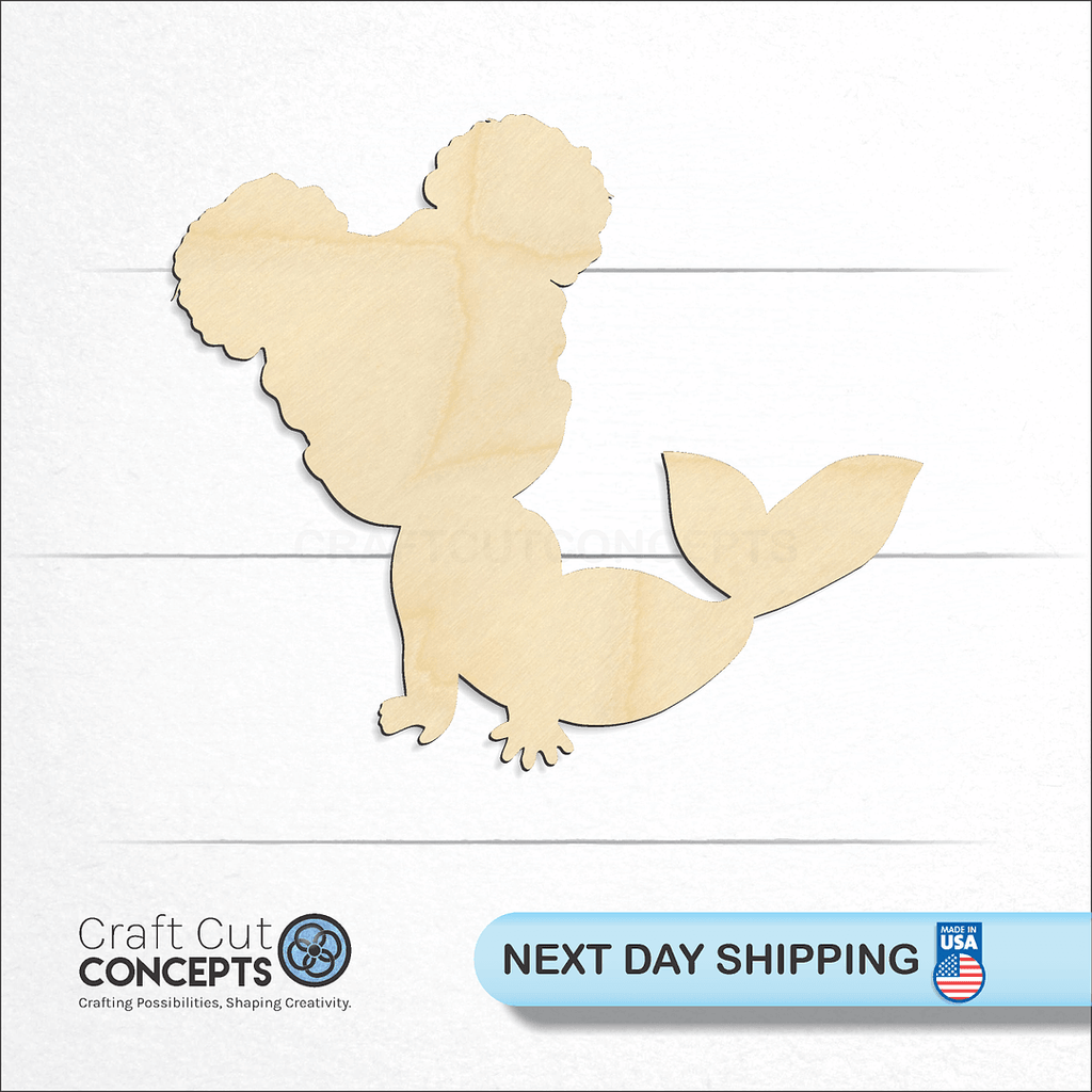 Craft Cut Concepts logo and next day shipping banner with an unfinished wood Mermaid Cute Baby craft shape and blank