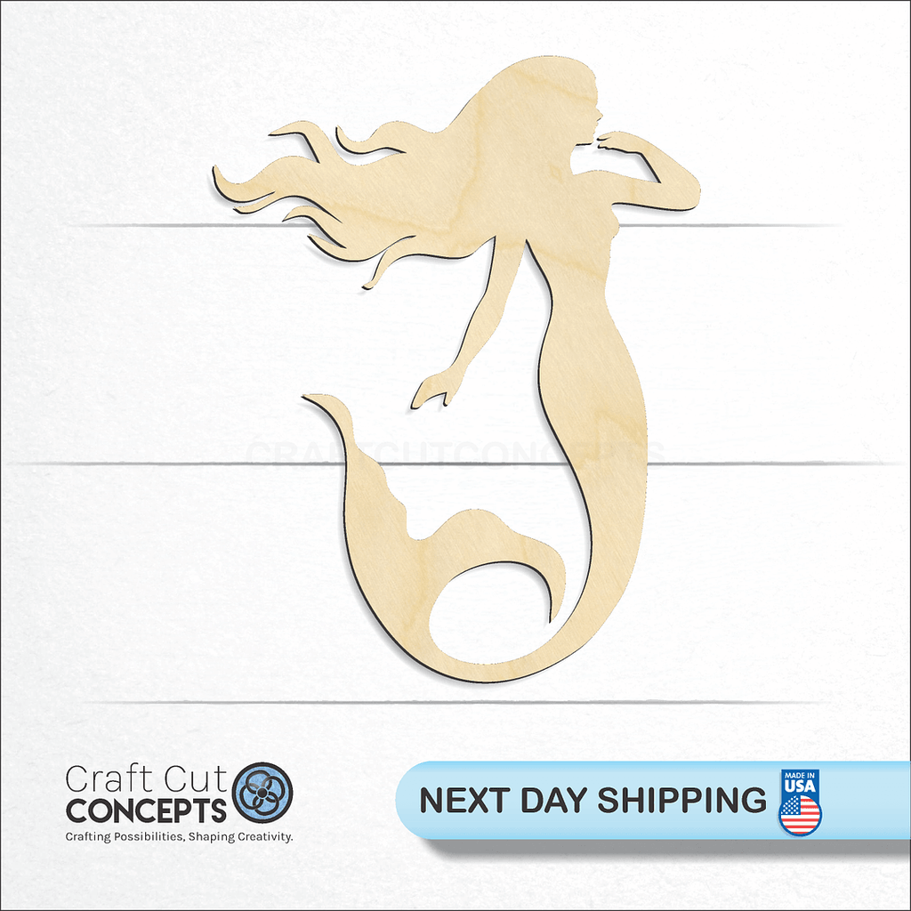 Craft Cut Concepts logo and next day shipping banner with an unfinished wood Mermaid craft shape and blank