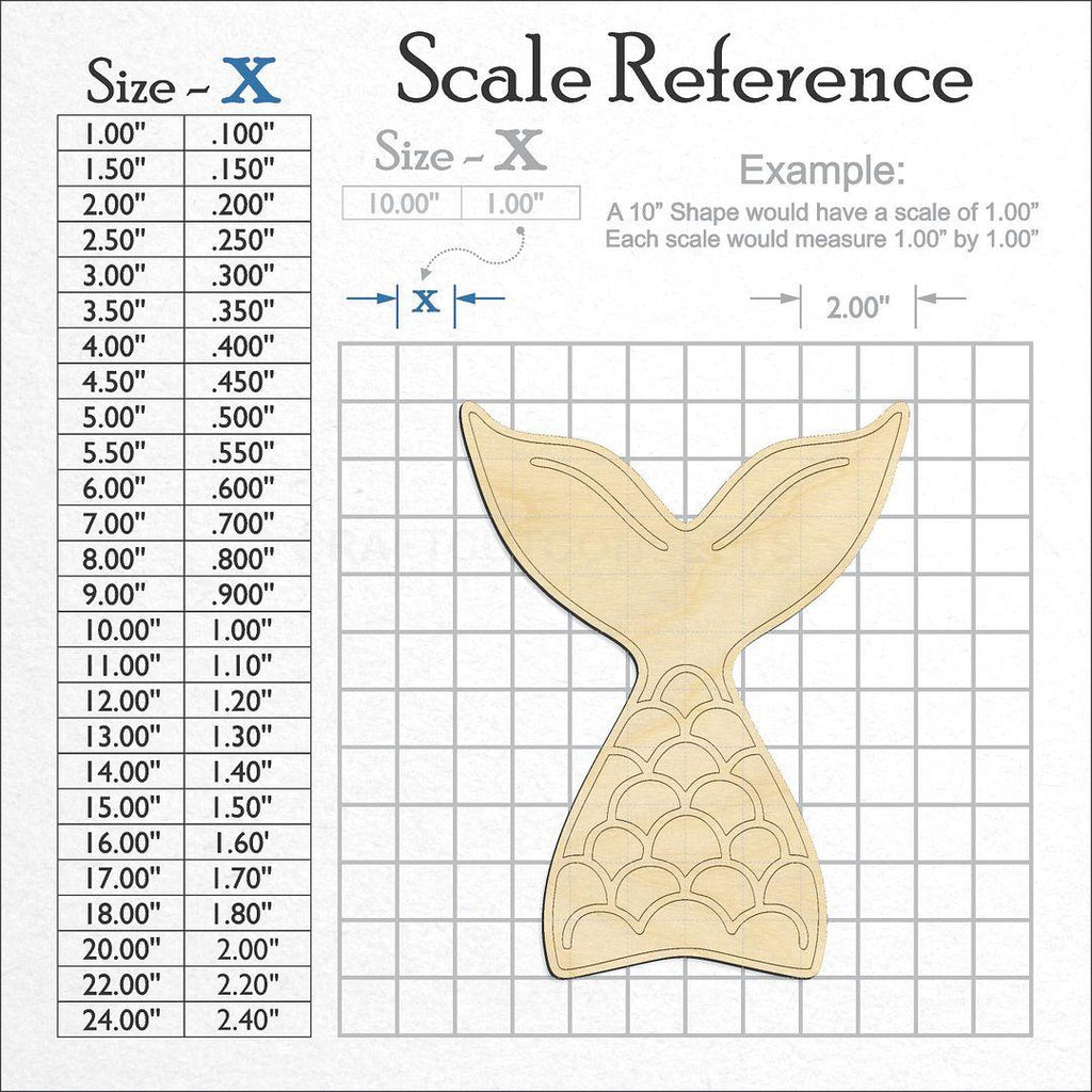 A scale and graph image showing a wood Mermaid Tail Engraved craft blank