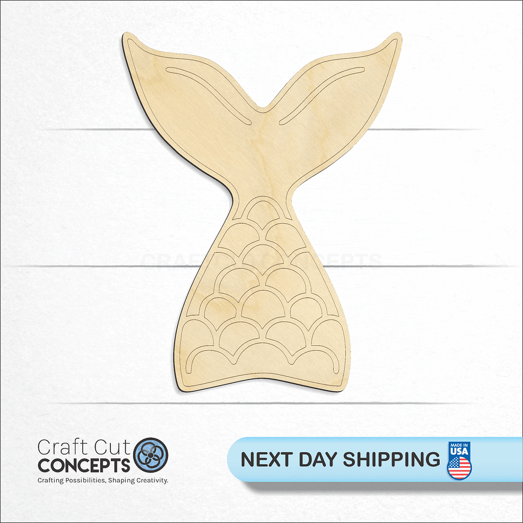 Craft Cut Concepts logo and next day shipping banner with an unfinished wood Mermaid Tail Engraved craft shape and blank