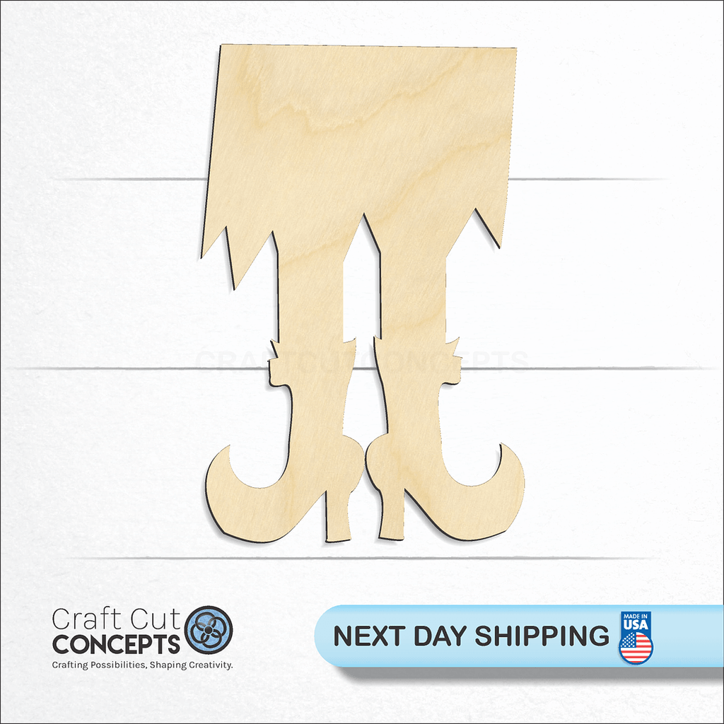 Craft Cut Concepts logo and next day shipping banner with an unfinished wood Witch Legs craft shape and blank