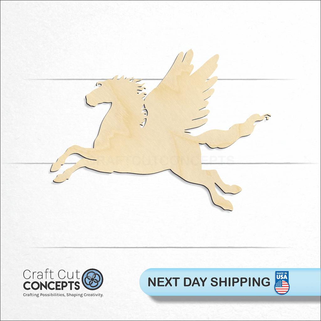 Craft Cut Concepts logo and next day shipping banner with an unfinished wood Pegasus craft shape and blank