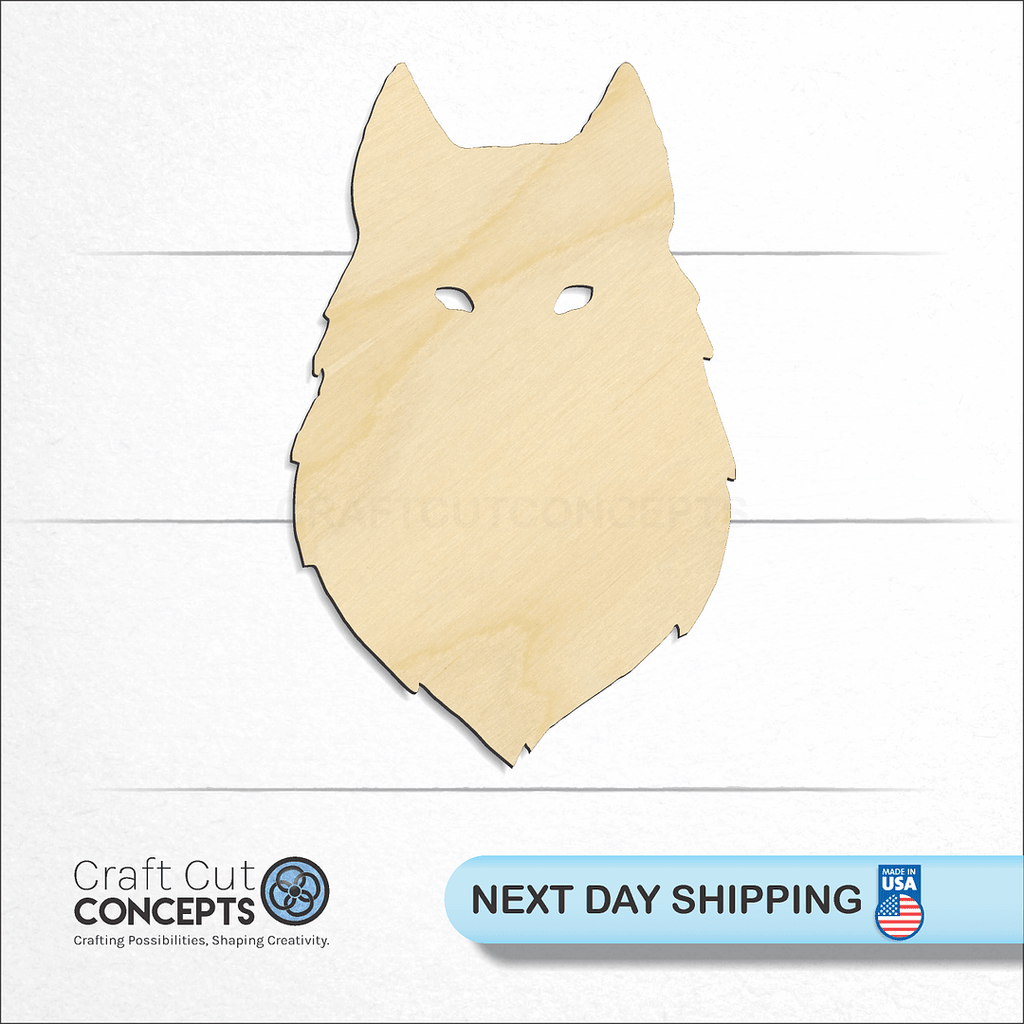 Craft Cut Concepts logo and next day shipping banner with an unfinished wood Wolf face silhouette craft shape and blank