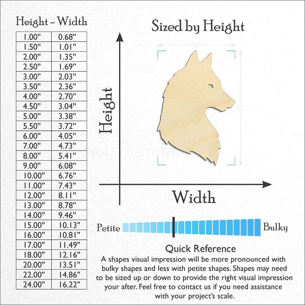 Sizes available for a laser cut Side view of wolf head craft blank