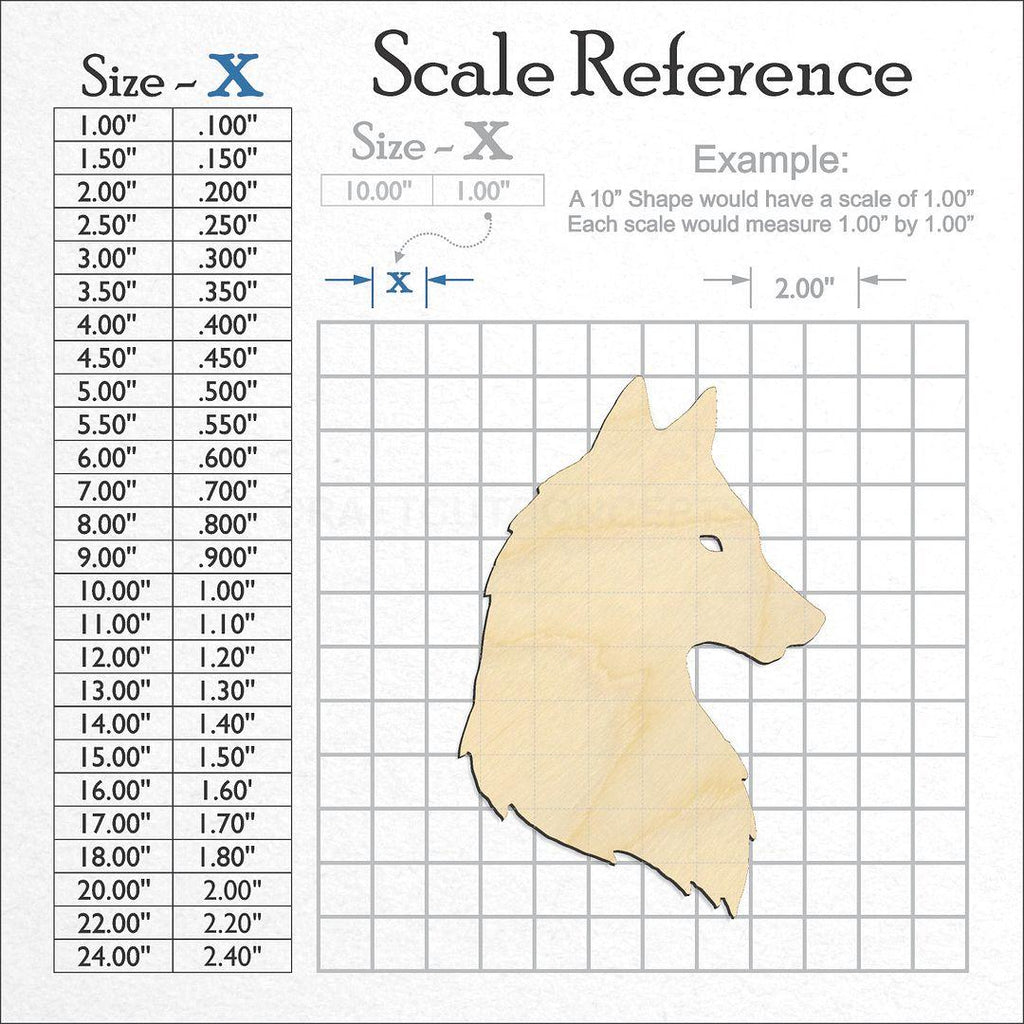 A scale and graph image showing a wood Side view of wolf head craft blank