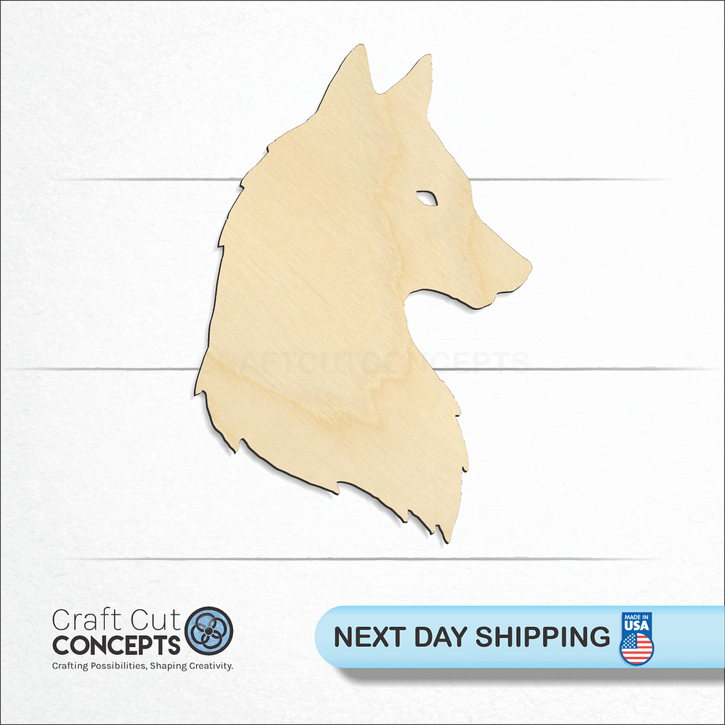 Craft Cut Concepts logo and next day shipping banner with an unfinished wood Side view of wolf head craft shape and blank