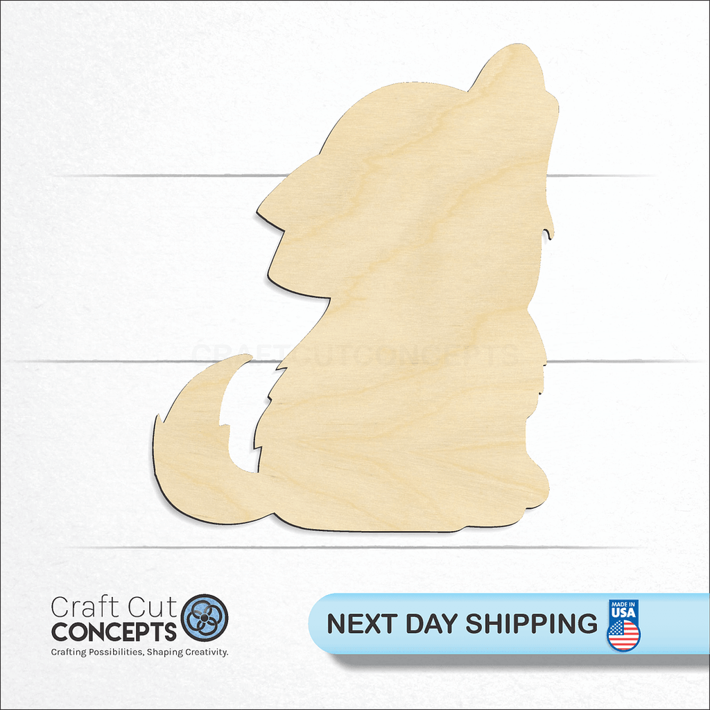 Craft Cut Concepts logo and next day shipping banner with an unfinished wood Cute Baby Wolf craft shape and blank