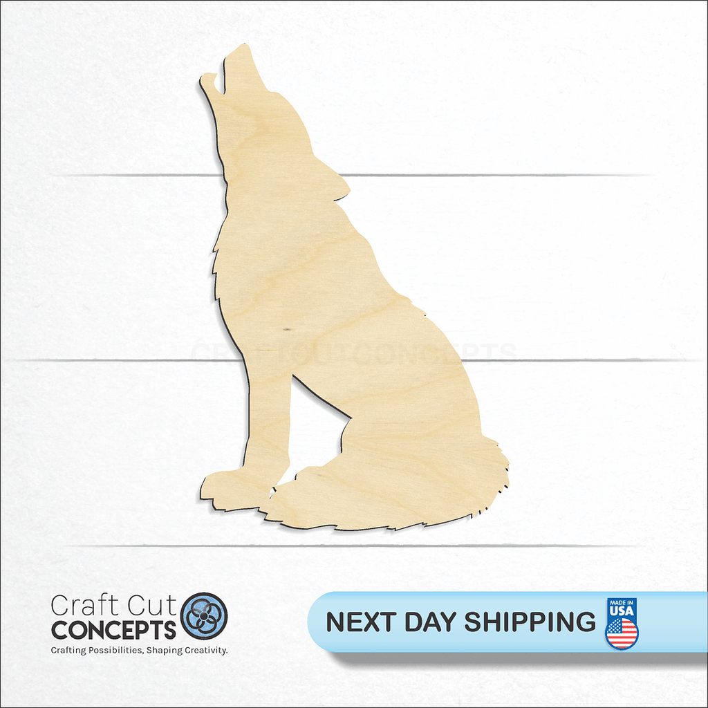 Craft Cut Concepts logo and next day shipping banner with an unfinished wood Wolf craft shape and blank