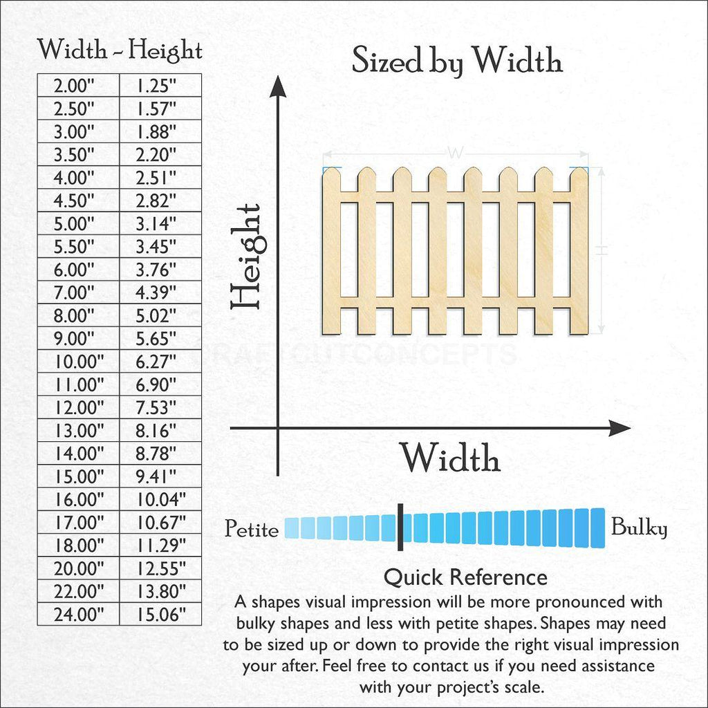 Sizes available for a laser cut Picket Fence craft blank