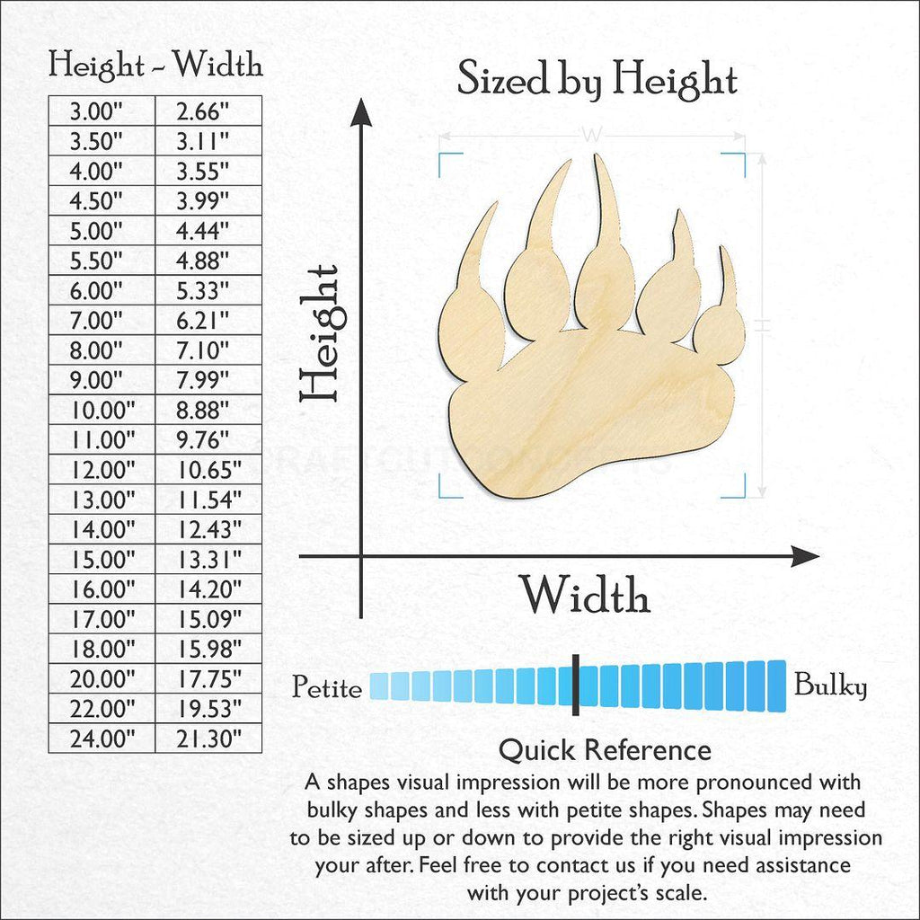 Sizes available for a laser cut Bear Print craft blank