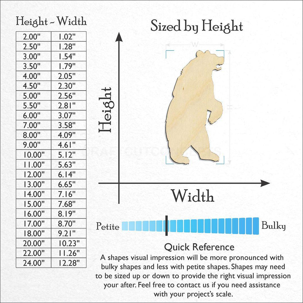 Sizes available for a laser cut Standing bear craft blank