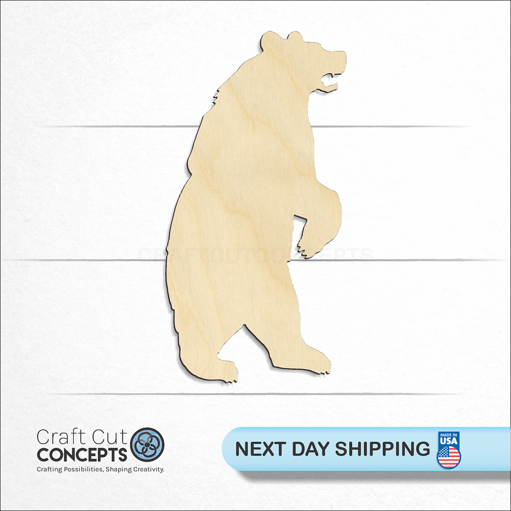 Craft Cut Concepts logo and next day shipping banner with an unfinished wood Standing bear craft shape and blank